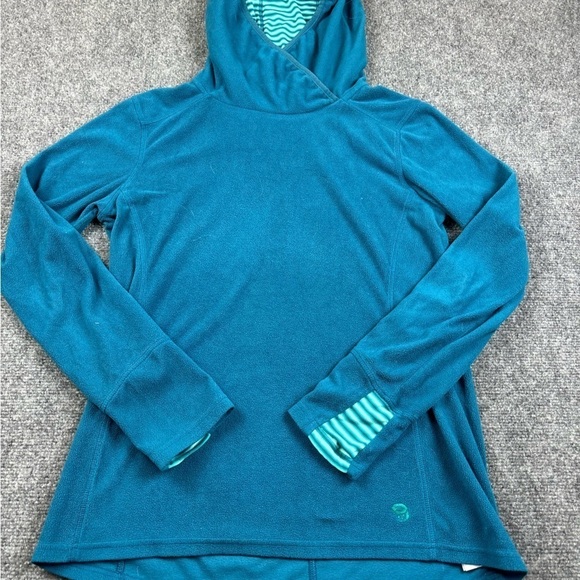 MOUNTAIN HARDWEAR Women’s Blue Hooded Fleece Pullover Striped hood/sleeve Medium - Picture 1 of 10